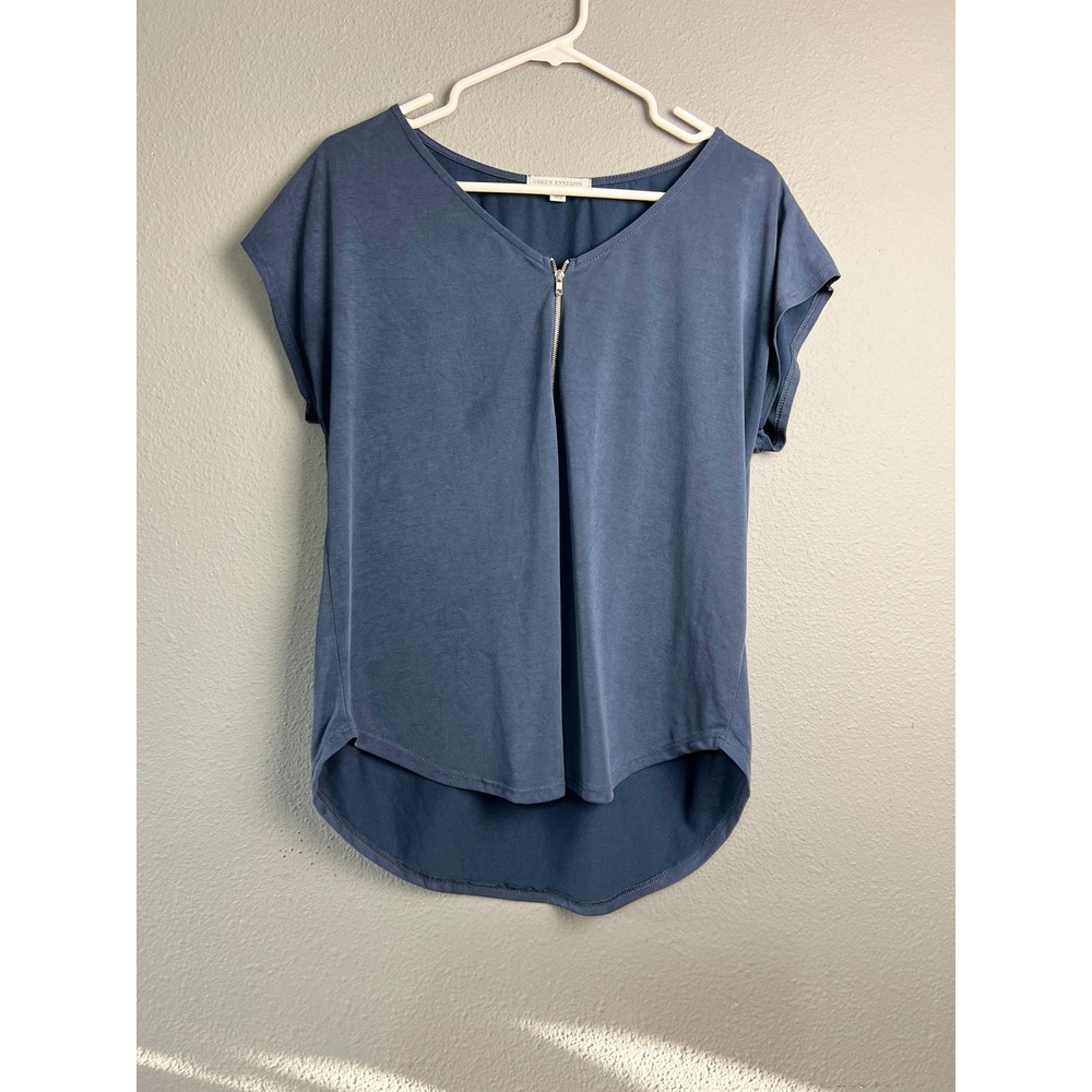 Green Envelope‎ Lg Los Angeles Womens Flowy Navy Blue Half Zip High Low Blouse